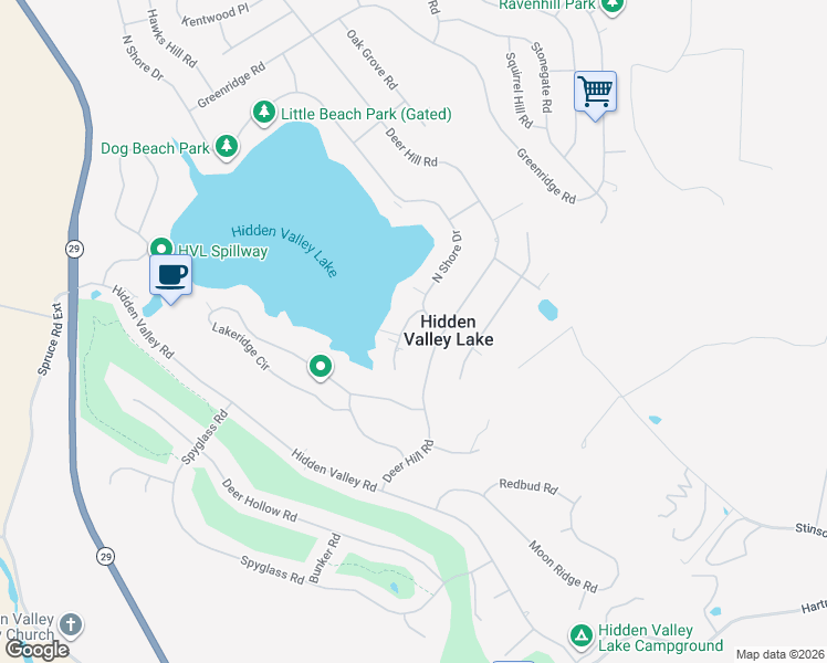 map of restaurants, bars, coffee shops, grocery stores, and more near 19210 North Shore Court in Hidden Valley Lake