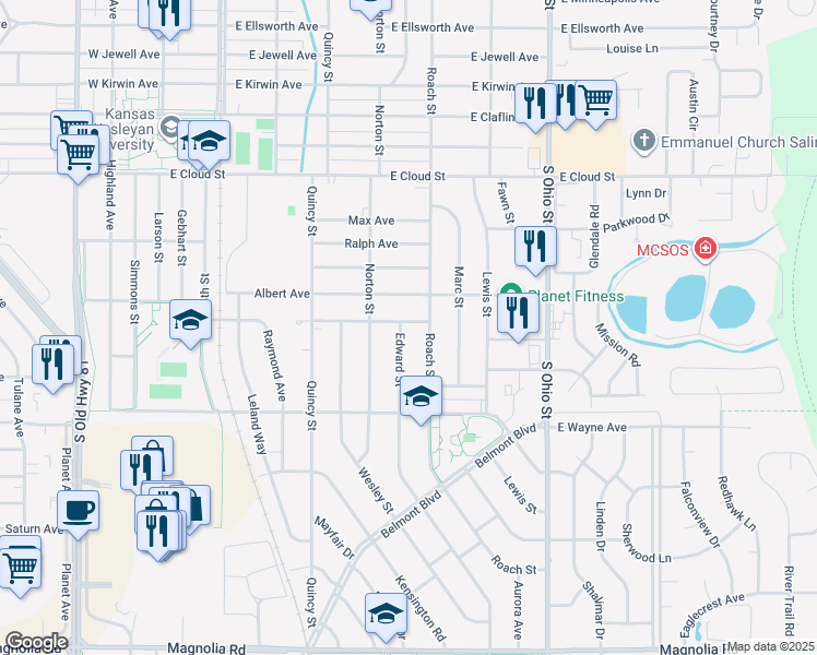 map of restaurants, bars, coffee shops, grocery stores, and more near 2026 Roach Street in Salina