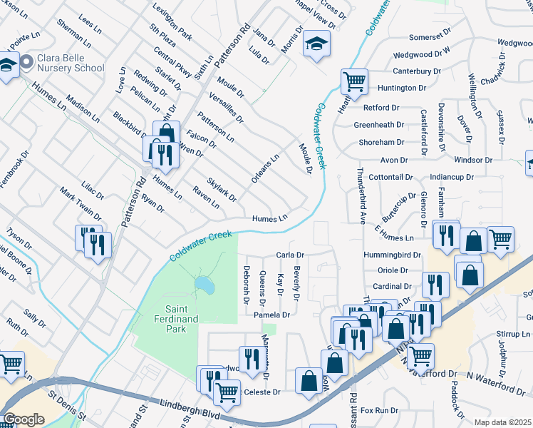 map of restaurants, bars, coffee shops, grocery stores, and more near 260 Wren Drive in Florissant