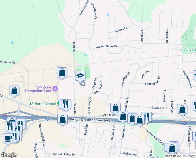map of restaurants, bars, coffee shops, grocery stores, and more near 304 Linda Lane in O'Fallon