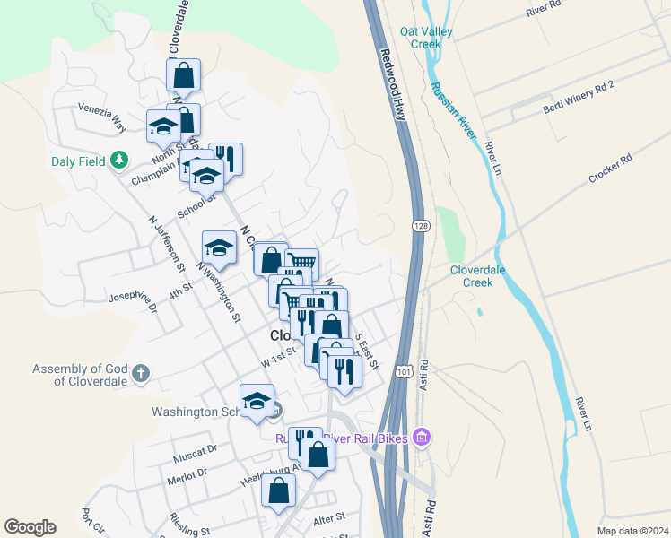 map of restaurants, bars, coffee shops, grocery stores, and more near 154 North East Street in Cloverdale