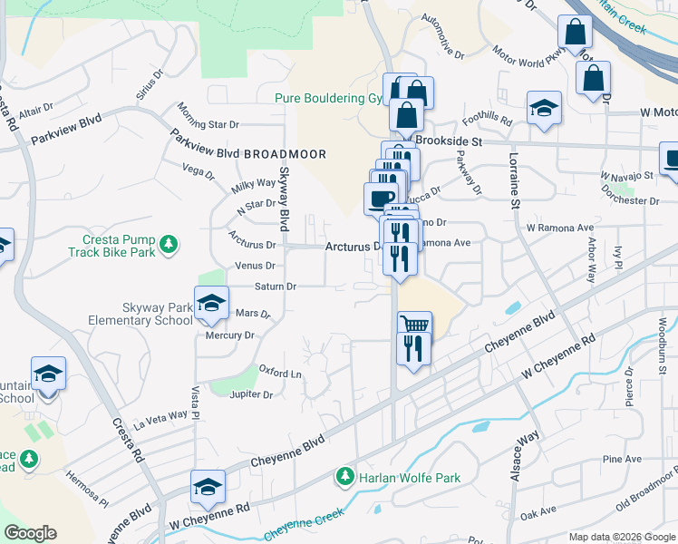 map of restaurants, bars, coffee shops, grocery stores, and more near 921 Green Star Drive in Colorado Springs
