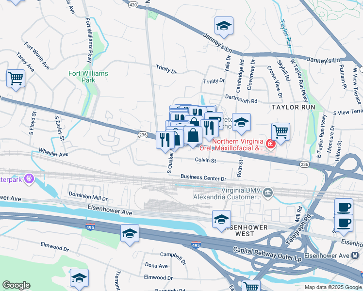 map of restaurants, bars, coffee shops, grocery stores, and more near 3230 Duke Street in Alexandria