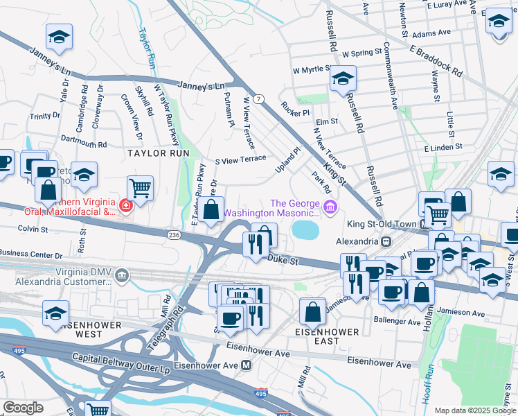 map of restaurants, bars, coffee shops, grocery stores, and more near 136 Roberts Lane in Alexandria