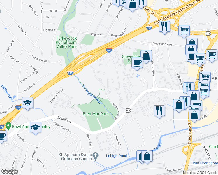 map of restaurants, bars, coffee shops, grocery stores, and more near 5271 Cozy Glen Lane in Alexandria