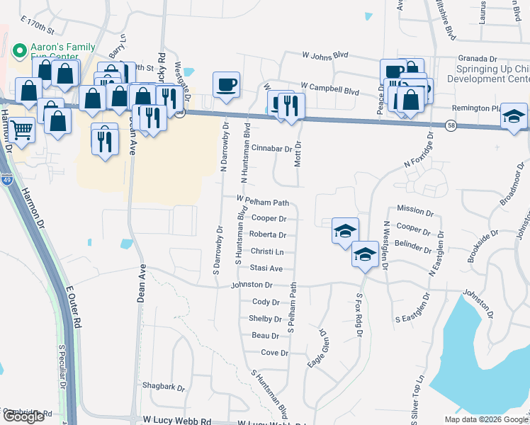 map of restaurants, bars, coffee shops, grocery stores, and more near 1700 Cooper Drive in Raymore