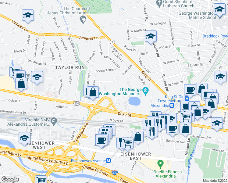 map of restaurants, bars, coffee shops, grocery stores, and more near 136 Roberts Lane in Alexandria