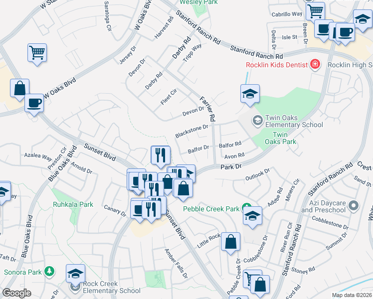 map of restaurants, bars, coffee shops, grocery stores, and more near 5820 Balfor Drive in Rocklin