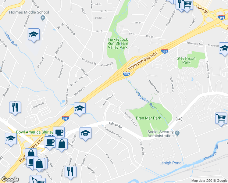 map of restaurants, bars, coffee shops, grocery stores, and more near 6346C Hawk View Court in Alexandria