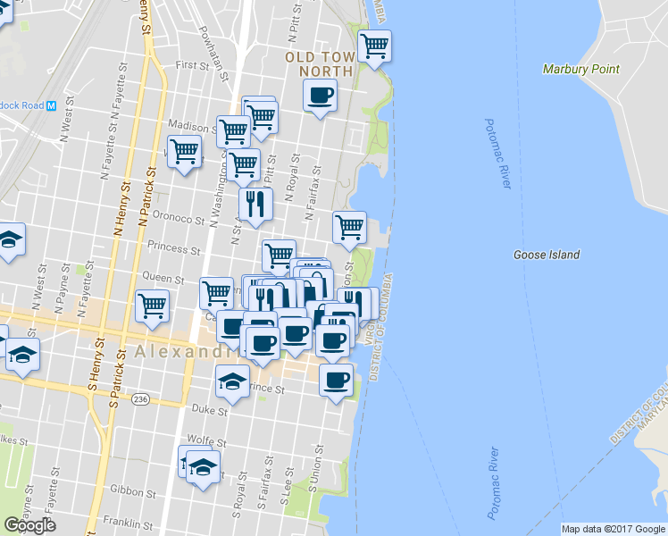 map of restaurants, bars, coffee shops, grocery stores, and more near 117 Princess Street in Alexandria