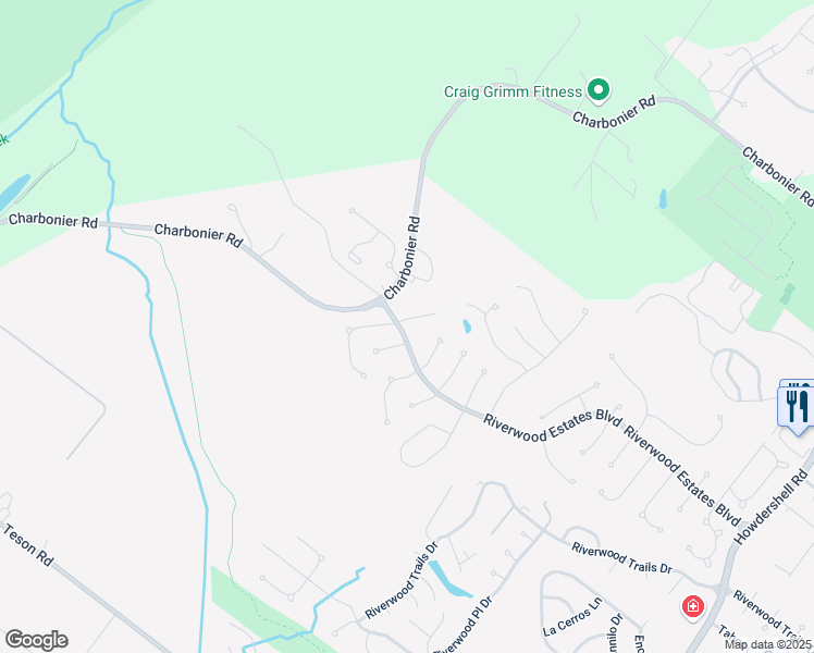 map of restaurants, bars, coffee shops, grocery stores, and more near 125 Riverwood Estates Boulevard in Florissant