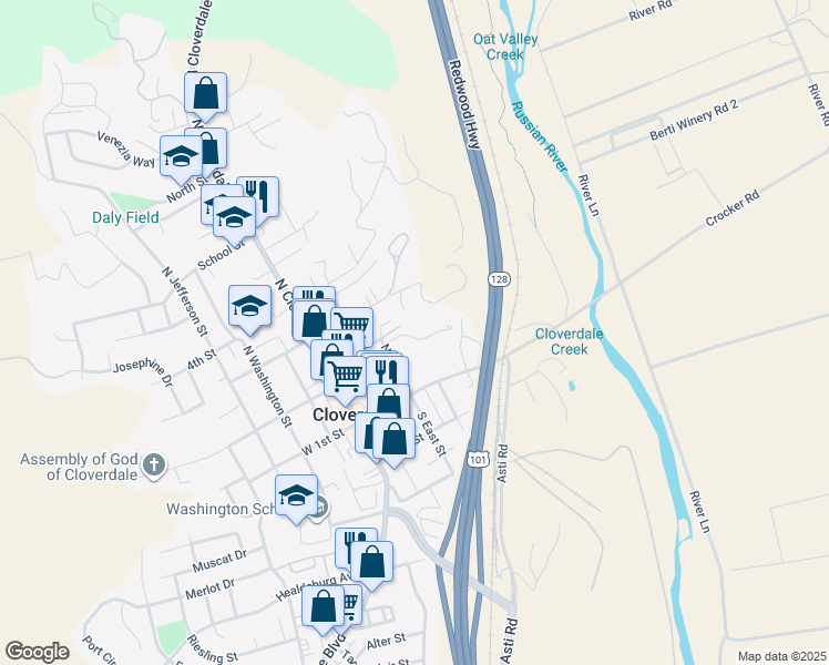 map of restaurants, bars, coffee shops, grocery stores, and more near 100 Oakbrook Lane in Cloverdale