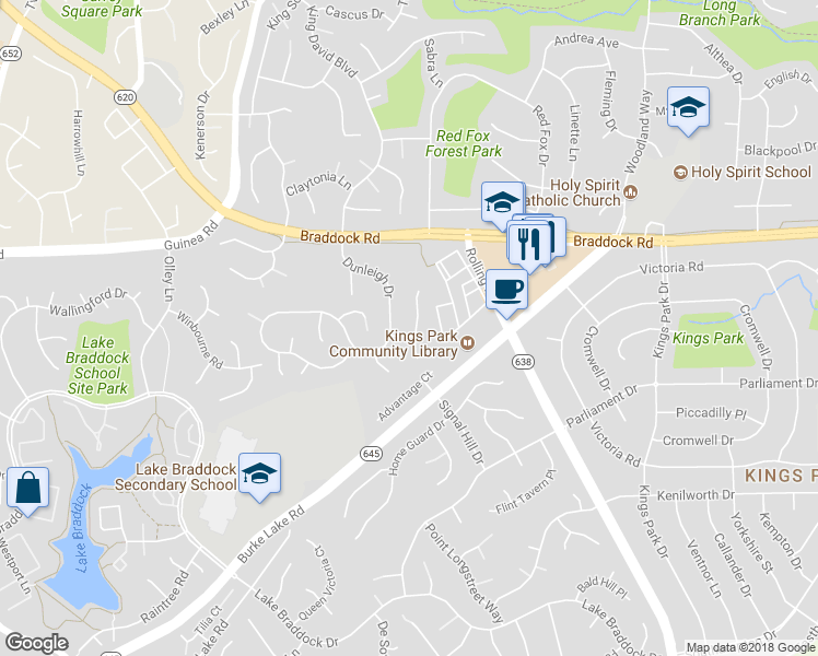 map of restaurants, bars, coffee shops, grocery stores, and more near 9100 Macmahon Drive in Burke