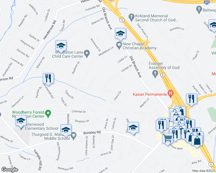 map of restaurants, bars, coffee shops, grocery stores, and more near 5910 Center Drive in Temple Hills