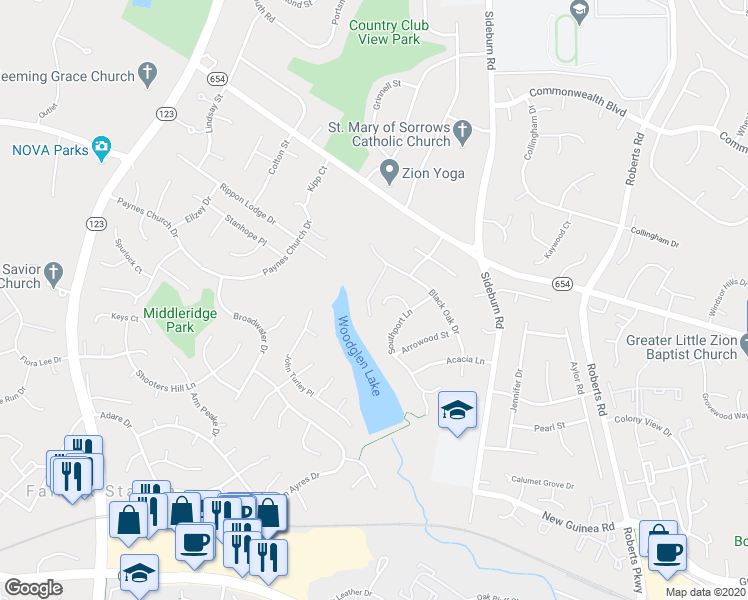 map of restaurants, bars, coffee shops, grocery stores, and more near 10612 Fiesta Road in Fairfax