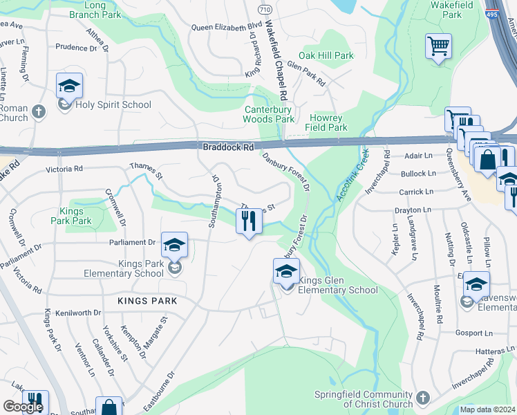 map of restaurants, bars, coffee shops, grocery stores, and more near 8470 Thames Street in Springfield