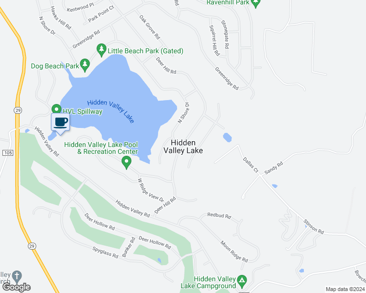 map of restaurants, bars, coffee shops, grocery stores, and more near 20169 Powder Horn Road in Hidden Valley Lake