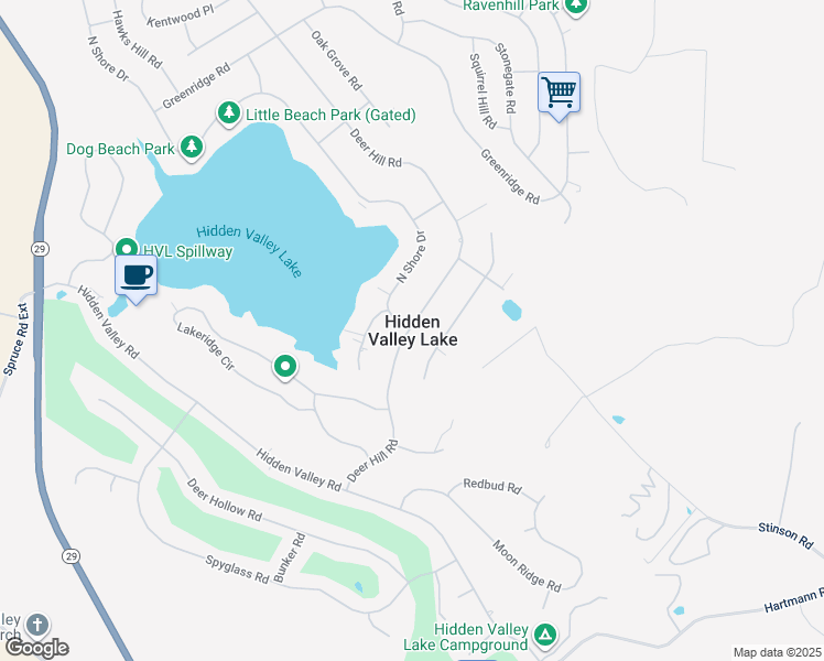 map of restaurants, bars, coffee shops, grocery stores, and more near in Hidden Valley Lake