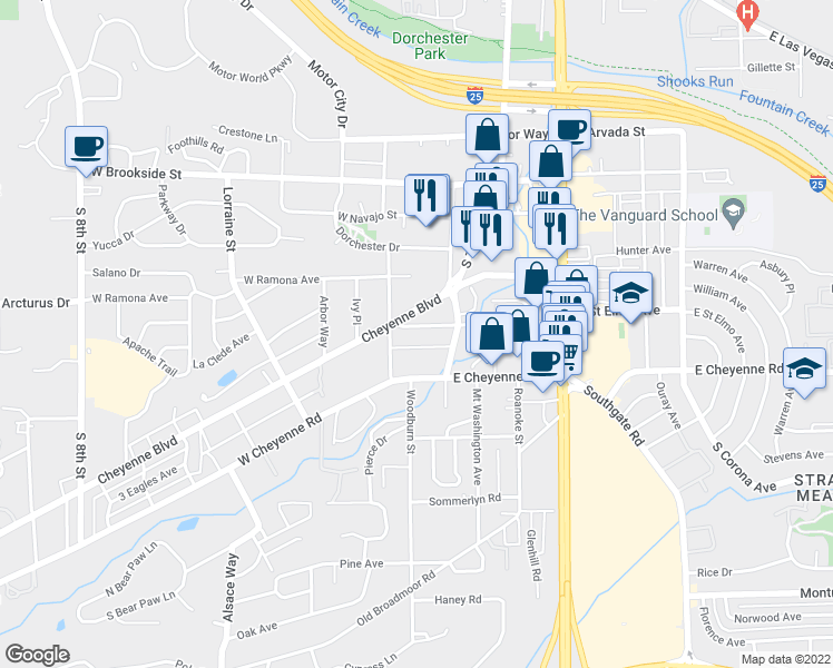 map of restaurants, bars, coffee shops, grocery stores, and more near 35 West Saint Elmo Avenue in Colorado Springs