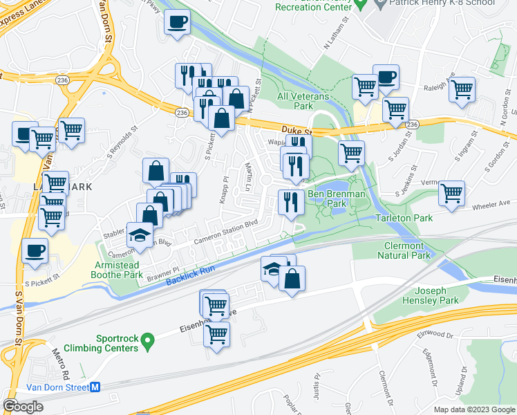map of restaurants, bars, coffee shops, grocery stores, and more near 227 Cameron Station Boulevard in Alexandria