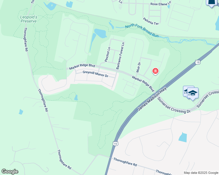 map of restaurants, bars, coffee shops, grocery stores, and more near 16001 Pitner Street in Haymarket