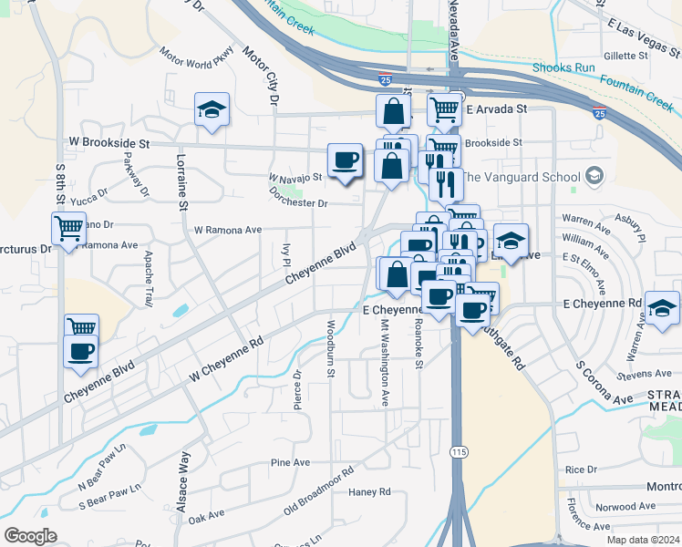 map of restaurants, bars, coffee shops, grocery stores, and more near 27 West Saint Elmo Avenue in Colorado Springs