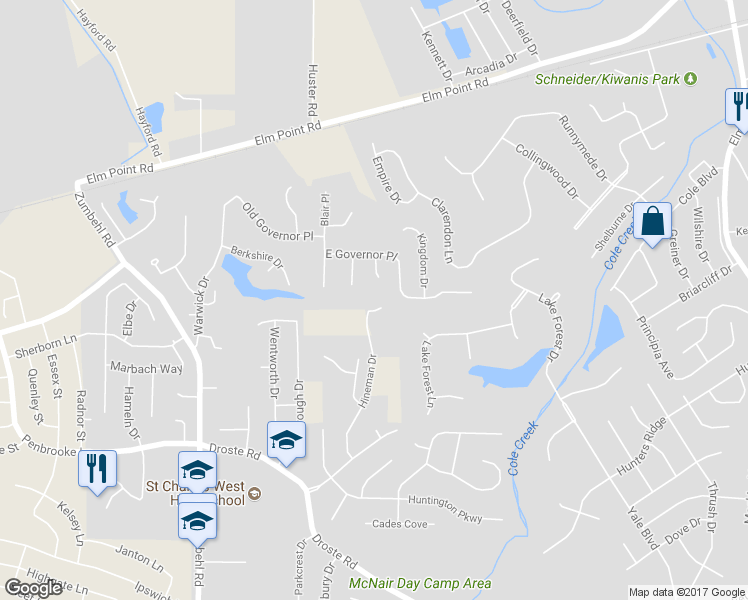 map of restaurants, bars, coffee shops, grocery stores, and more near 12 Hineman Drive in Saint Charles