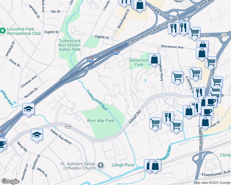 map of restaurants, bars, coffee shops, grocery stores, and more near 5271 Cozy Glen Lane in Alexandria