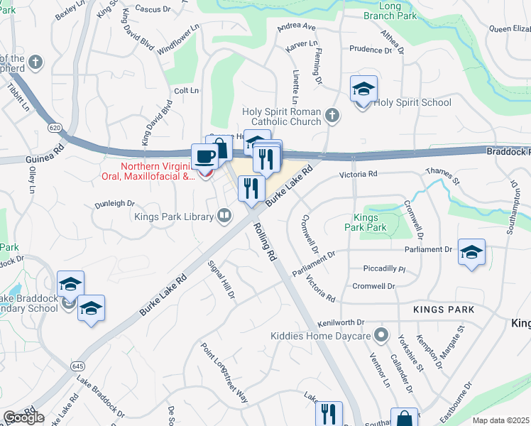 map of restaurants, bars, coffee shops, grocery stores, and more near 8943 Burke Lake Rd in Springfield