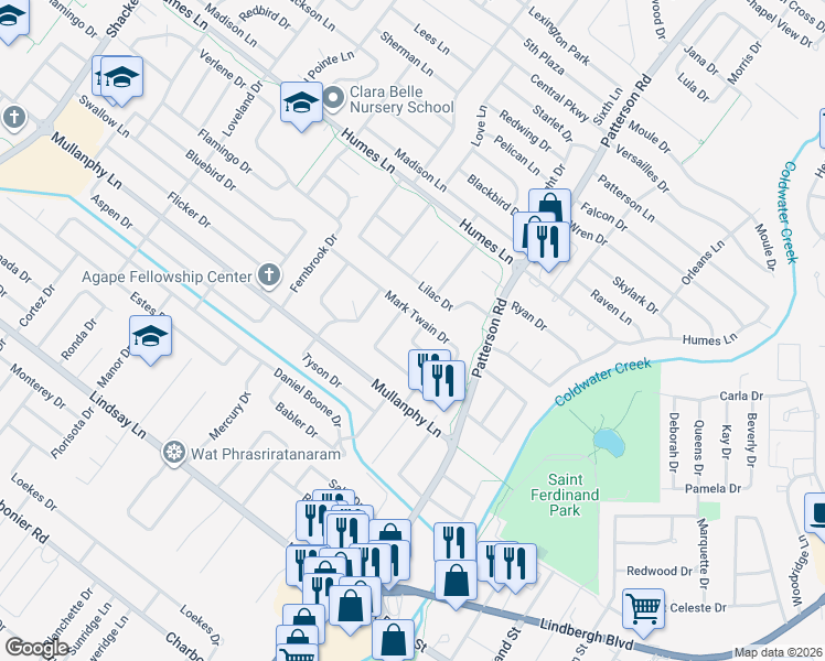 map of restaurants, bars, coffee shops, grocery stores, and more near 1720 Crowder Drive in Florissant