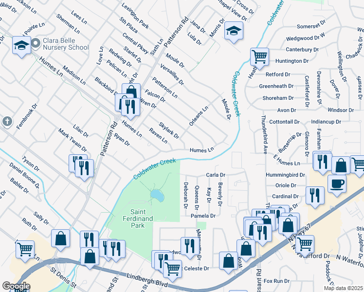 map of restaurants, bars, coffee shops, grocery stores, and more near 330 Skylark Drive in Florissant