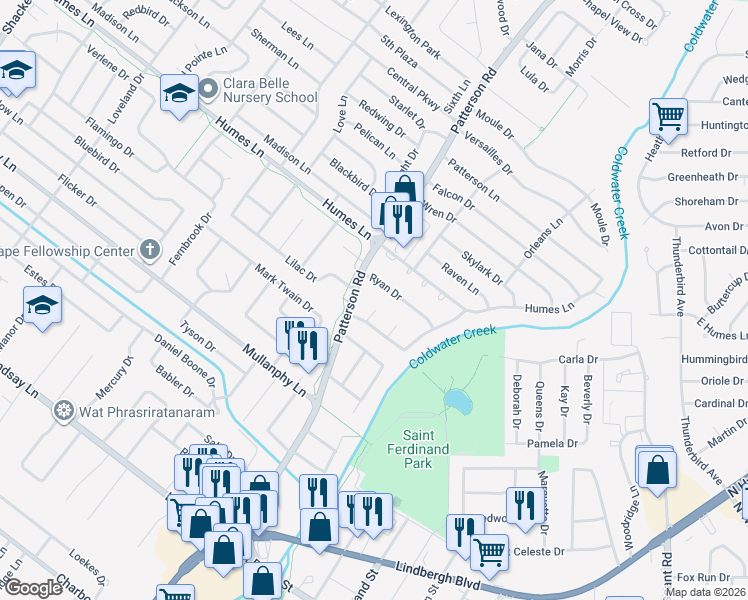 map of restaurants, bars, coffee shops, grocery stores, and more near 2 Sherry Court in Florissant