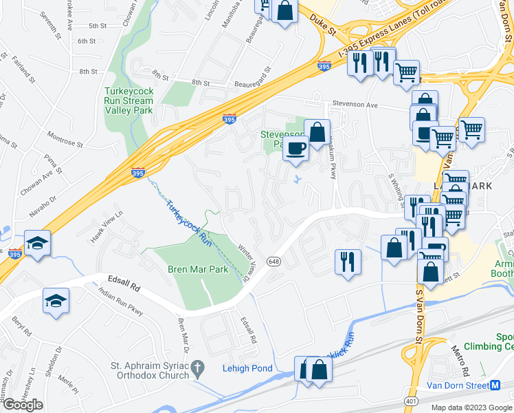 map of restaurants, bars, coffee shops, grocery stores, and more near 6261 Split Creek Lane in Alexandria