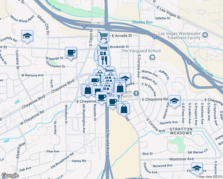map of restaurants, bars, coffee shops, grocery stores, and more near 1815 South Nevada Avenue in Colorado Springs