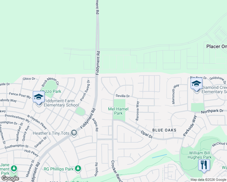 map of restaurants, bars, coffee shops, grocery stores, and more near 1863 Ravenna Way in Roseville