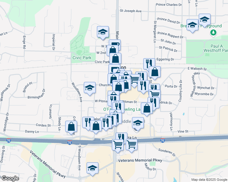 map of restaurants, bars, coffee shops, grocery stores, and more near 311 South Main Street in O'Fallon