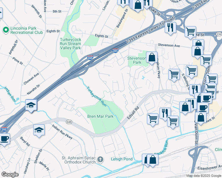 map of restaurants, bars, coffee shops, grocery stores, and more near 5268 Cozy Glen Lane in Alexandria