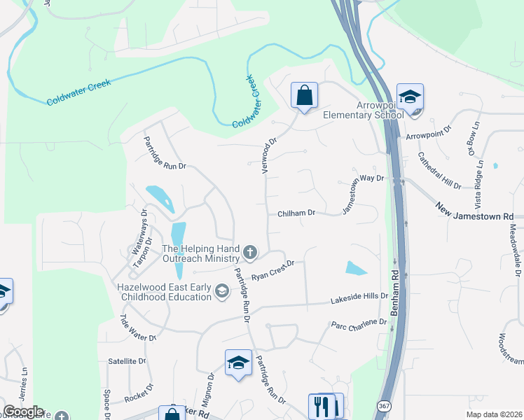 map of restaurants, bars, coffee shops, grocery stores, and more near 6 Crookham Court in Florissant