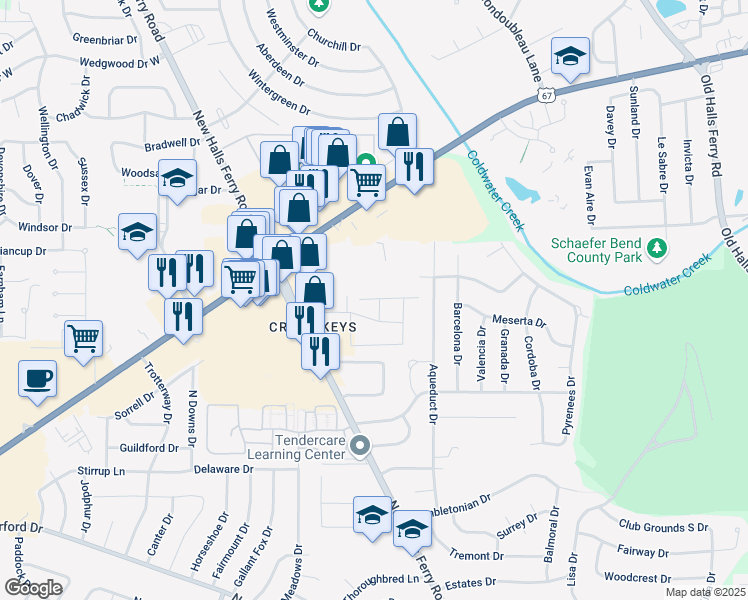 map of restaurants, bars, coffee shops, grocery stores, and more near Cross Keys Drive in Florissant