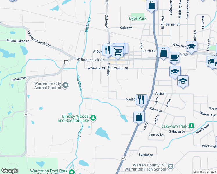 map of restaurants, bars, coffee shops, grocery stores, and more near 301-305 North Market Street in Warrenton