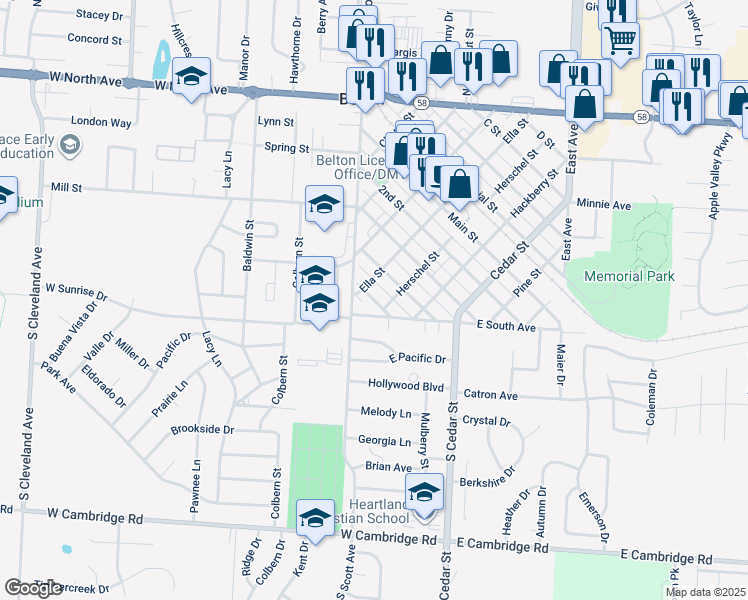 map of restaurants, bars, coffee shops, grocery stores, and more near 514 5th Street in Belton
