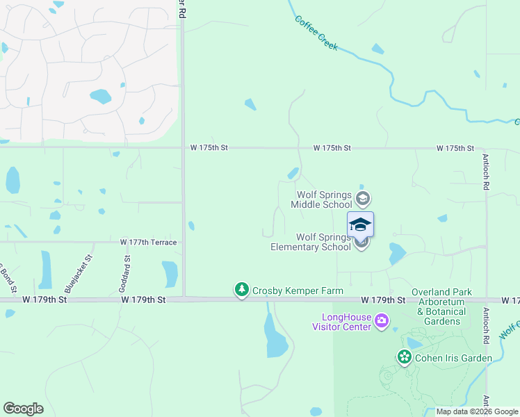 map of restaurants, bars, coffee shops, grocery stores, and more near 9901 West 175th Street in Olathe