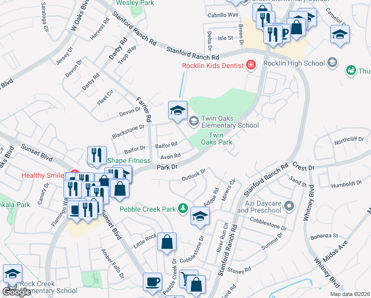 map of restaurants, bars, coffee shops, grocery stores, and more near 2955 Avon Road in Rocklin