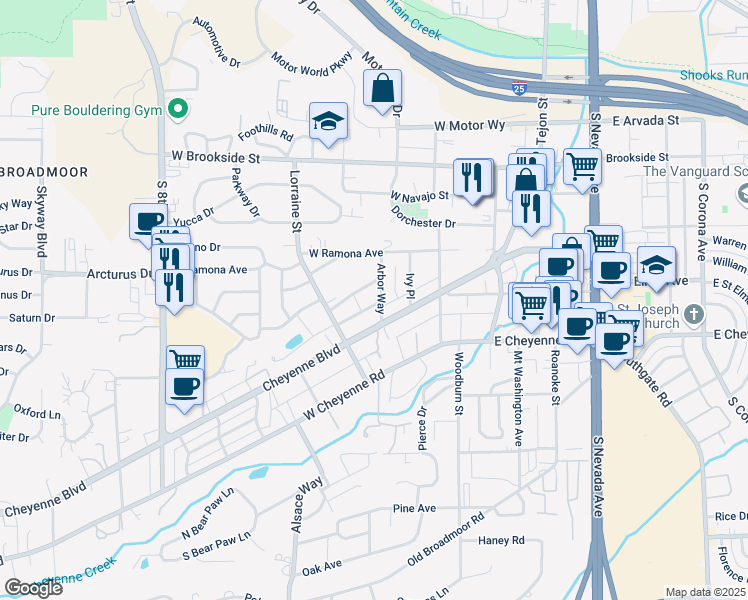 map of restaurants, bars, coffee shops, grocery stores, and more near 1720 Arbor Way in Colorado Springs