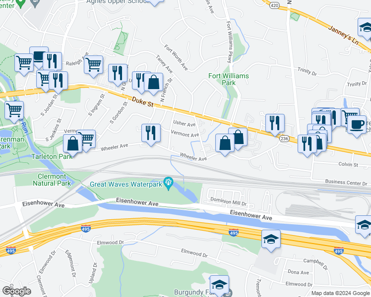 map of restaurants, bars, coffee shops, grocery stores, and more near 3901 Wheeler Avenue in Alexandria