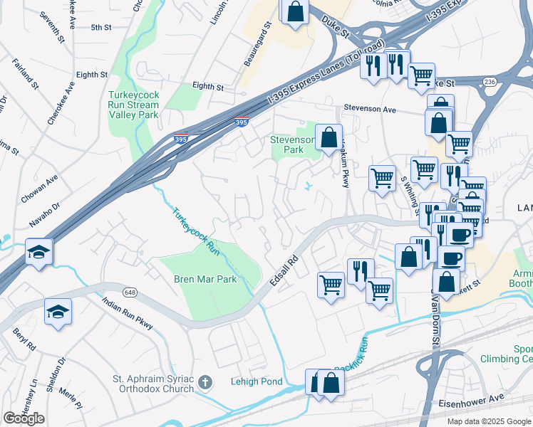 map of restaurants, bars, coffee shops, grocery stores, and more near 6261 Split Creek Lane in Alexandria