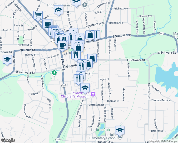 map of restaurants, bars, coffee shops, grocery stores, and more near 326 South Fillmore Street in Edwardsville
