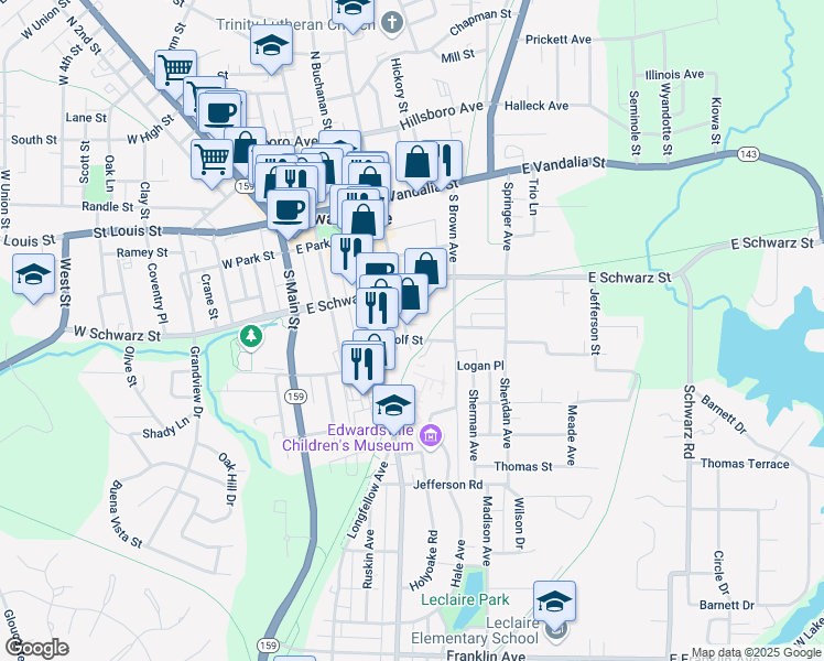 map of restaurants, bars, coffee shops, grocery stores, and more near 403 Wolf Street in Edwardsville