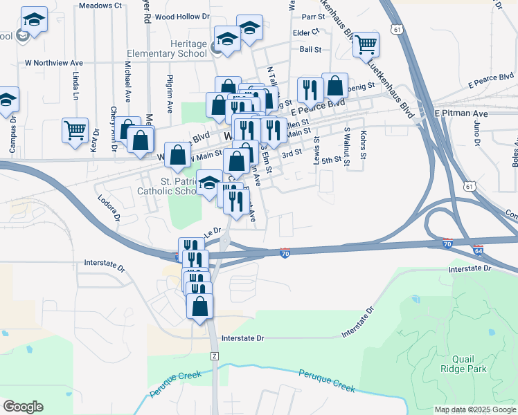map of restaurants, bars, coffee shops, grocery stores, and more near 603 South Linn Avenue in Wentzville
