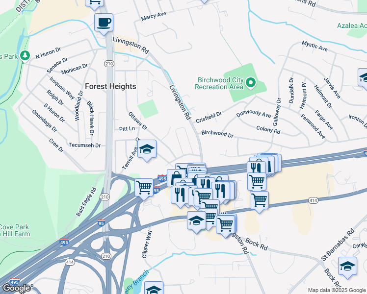 map of restaurants, bars, coffee shops, grocery stores, and more near 5910 Choctaw Drive in Oxon Hill